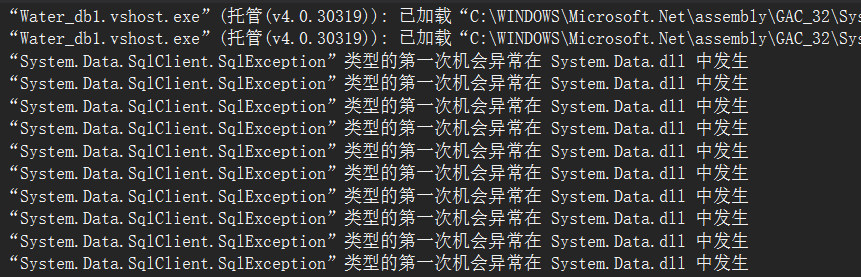 下面是C#运行代码
using System;
using System.Collections.Generic;
using System.ComponentModel;
using System.Data;
using System.Drawing;
using System.Linq;
using System.Text;
using System.Threading.Tasks;
using System.Windows.Forms;
using System.IO;
using System.Data.SqlClient;
using System.Configuration;
namespace Water_db1
{
public partial class Form1 : Form
{
public Form1()
{
InitializeComponent();
}
private void button1_Click(object sender, EventArgs e)
{
button1.Enabled = false;
try
{
string constr = "server=.;database=Water_station;integrated security=SSPI";
SqlConnection conn = new SqlConnection(constr);
conn.Open(); // 断点调试错误在这
if (ConnectionState.Open == conn.State)
{
MessageBox.Show("数据库已打开");
}
else
{
MessageBox.Show("数据库已关闭");
}
}
catch (Exception ex)
{
MessageBox.Show(ex.Message);
}
}
}
}
图片说明