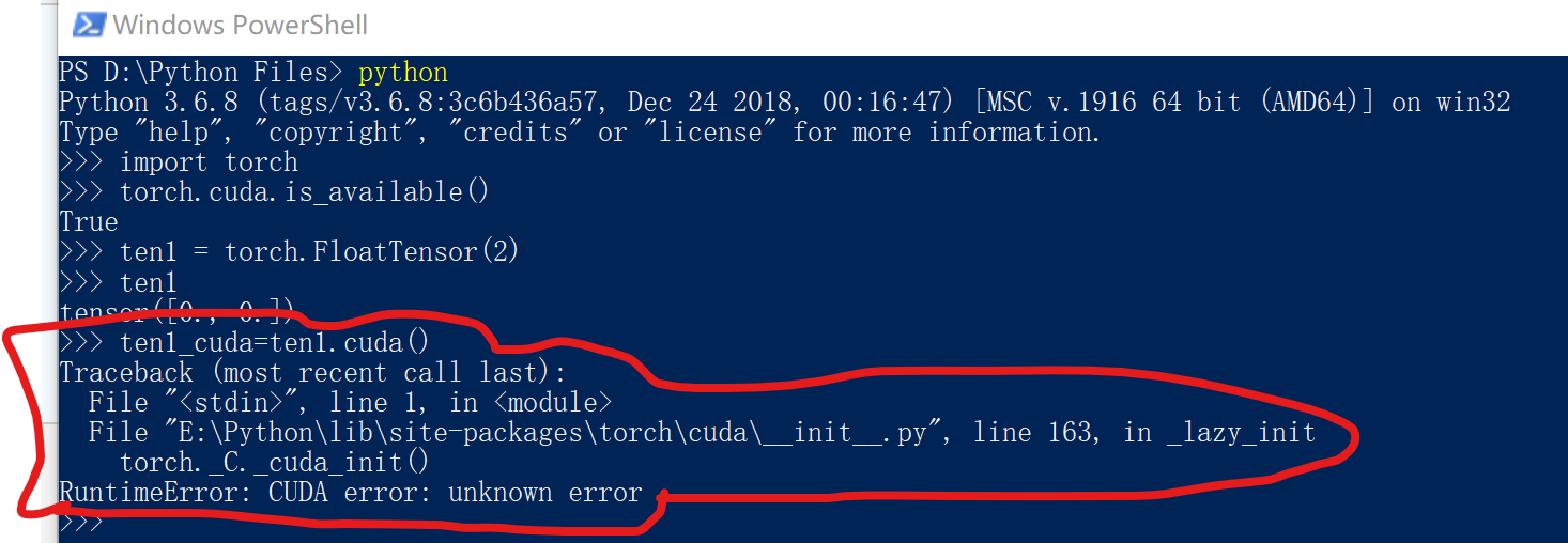 pytorch将tensor放到GPU上出错，RuntimeError: CUDA error: unknown error怎么回事？