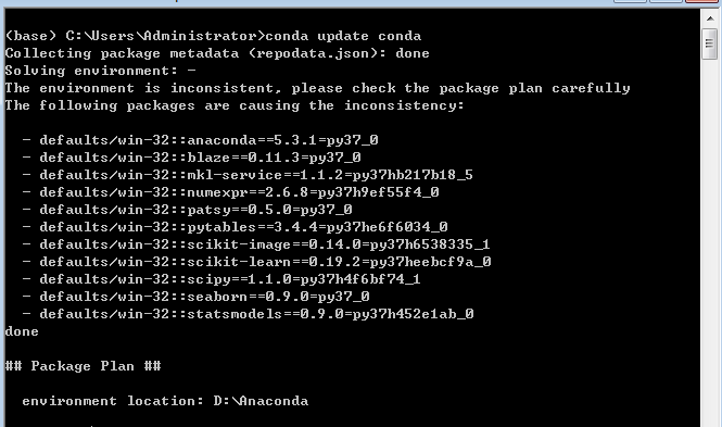 执行conda update ipython后显示the environment is inconsistent